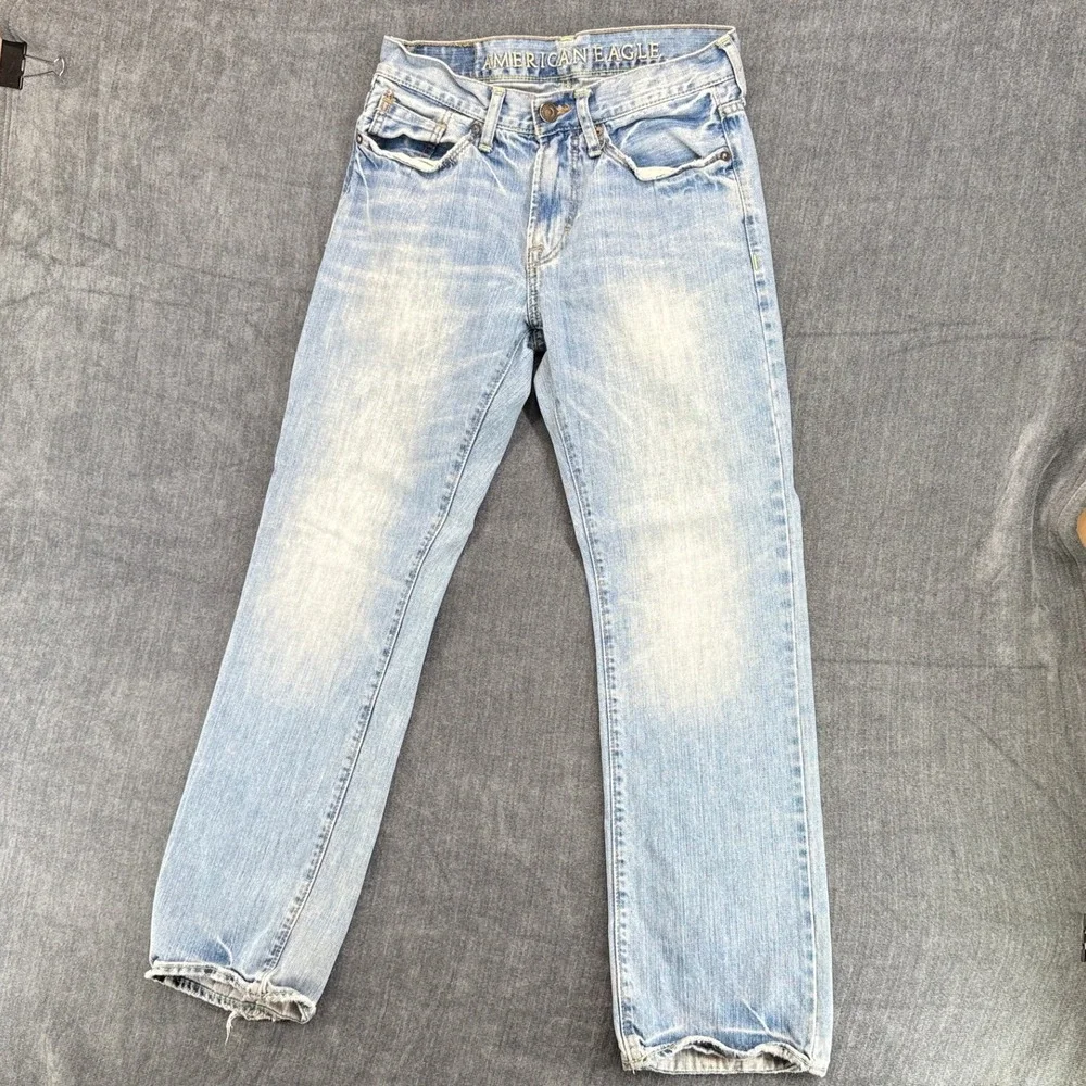 American Eagle Original Straight Mens 28x30 Light Wash Cotton Distressed Jeans